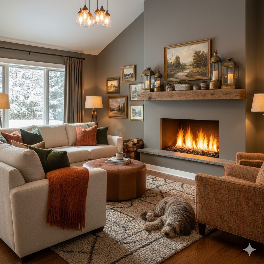 A cozy living room with a glowing fire feature