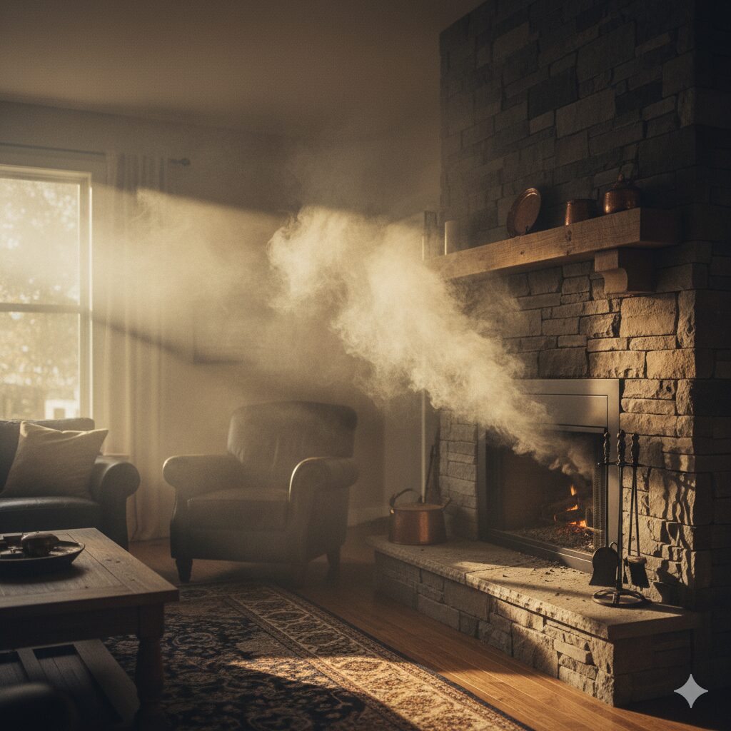 A hazy living room with smoke billowing out of a fireplace opening.