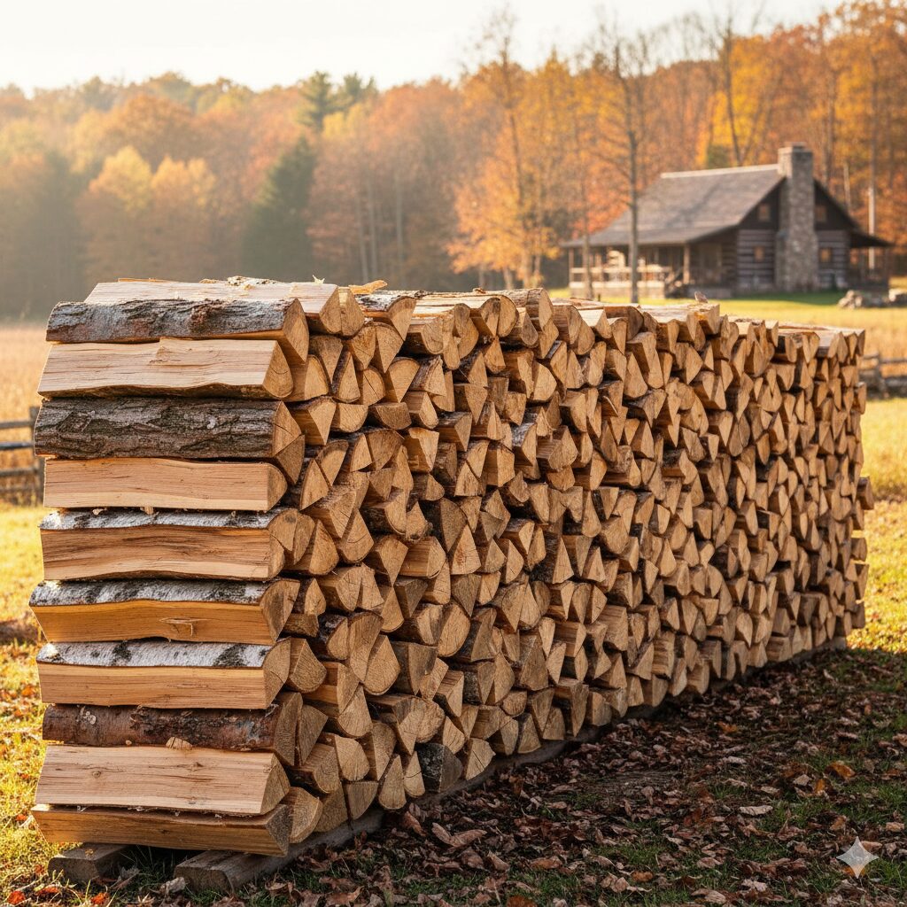 A perfectly stacked pile of seasoned hardwood firewood