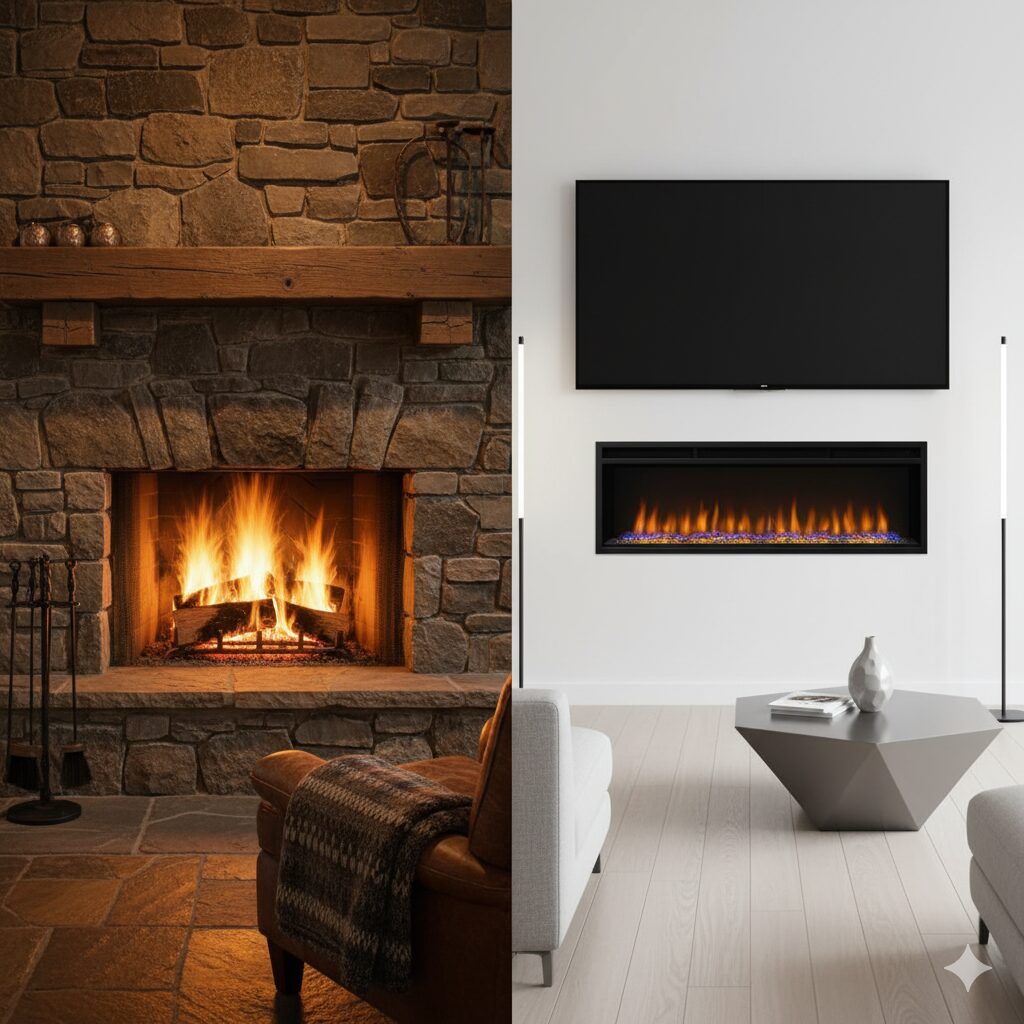 A split image showing a rustic wood fireplace on one side and a sleek modern electric fireplace on the other.