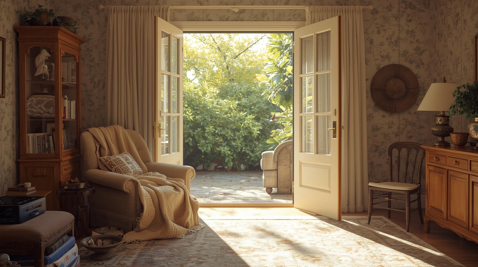 A well-lit living room with an open door to the outside, prepared for a bird rescue.