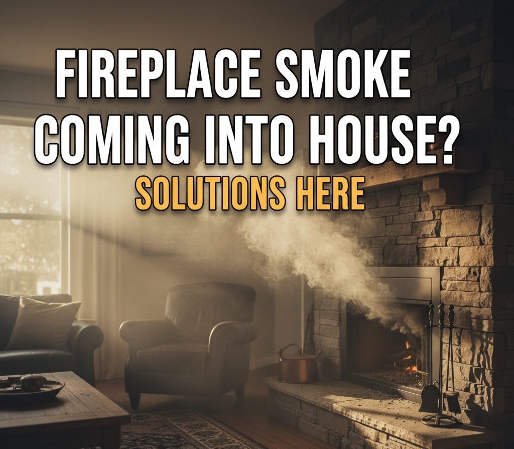 A hazy living room with smoke billowing out of a fireplace opening.