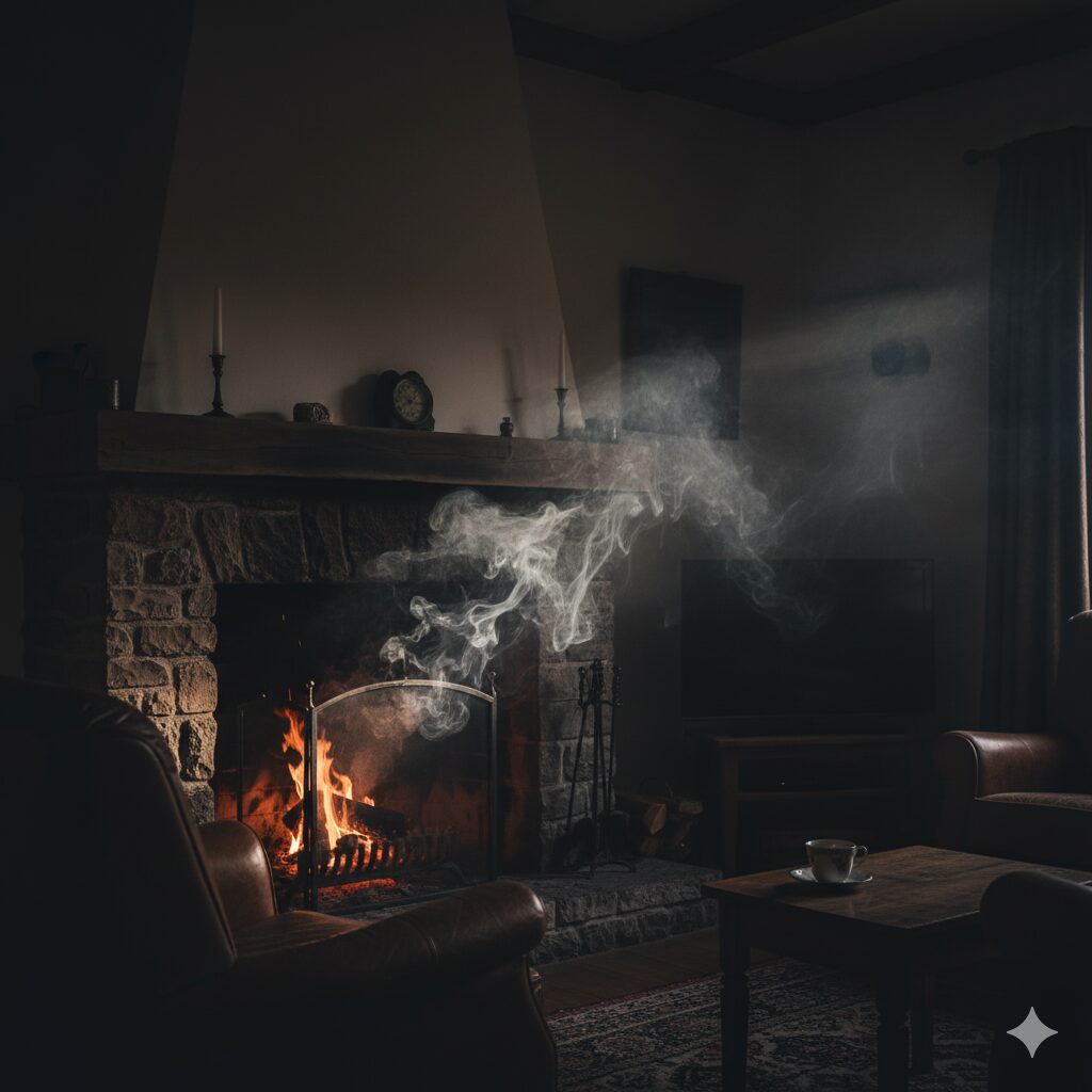 Smoke slowly drifting from a fireplace into a dimly lit room, indicating a draft problem.