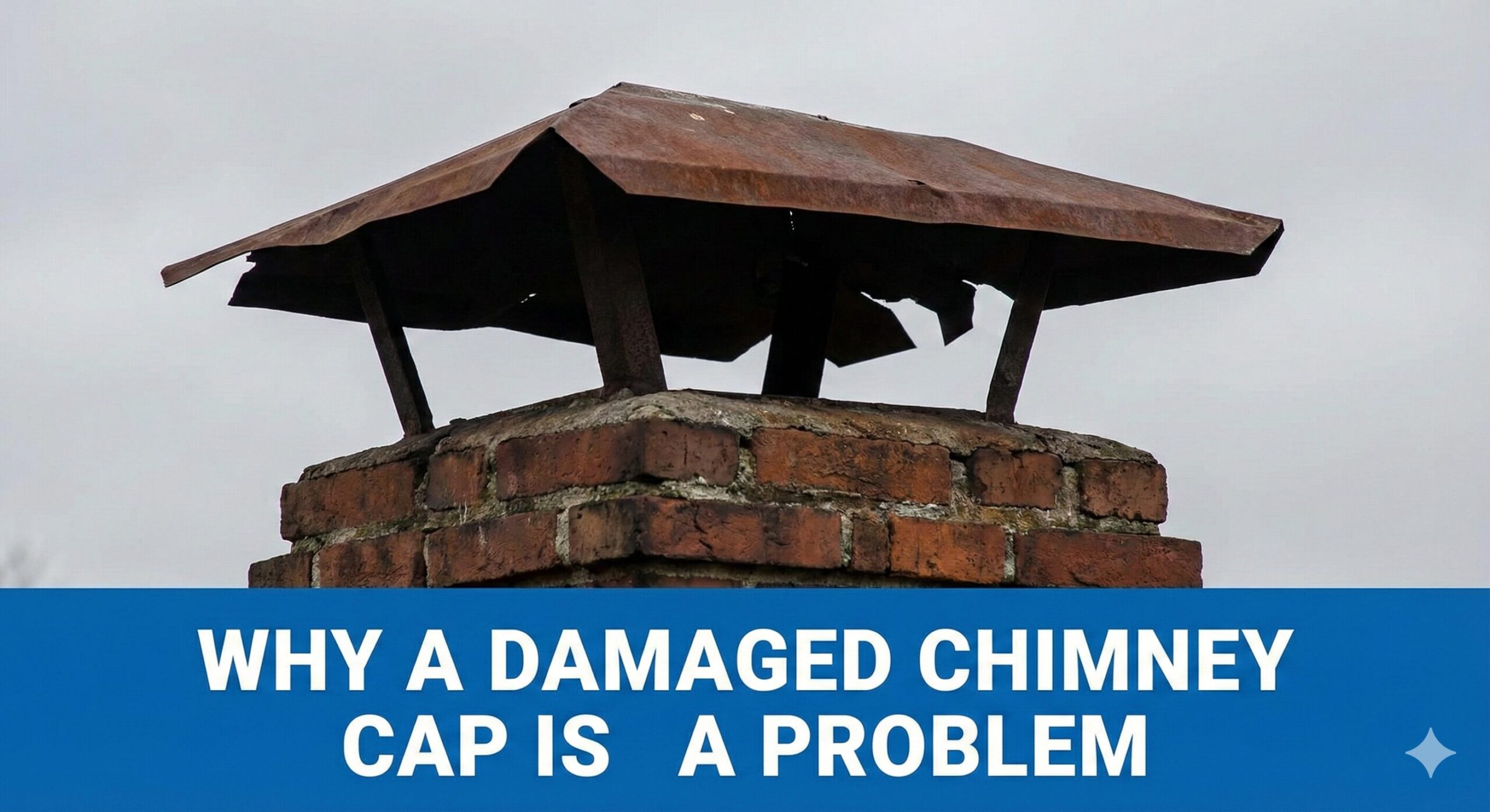 Close up of brick chimney with damaged mortar and cap