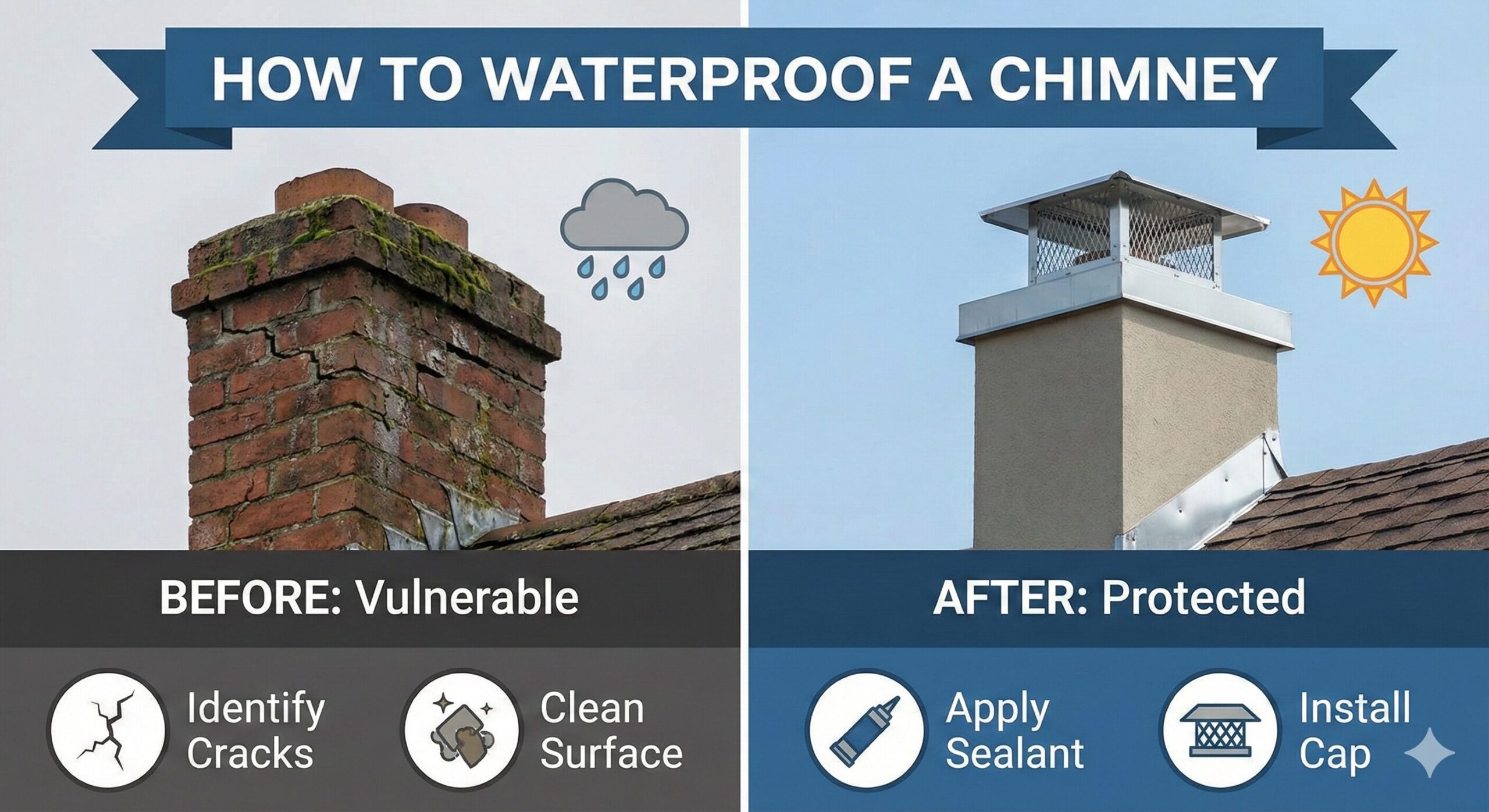 Professional chimney waterproofing application on red brick