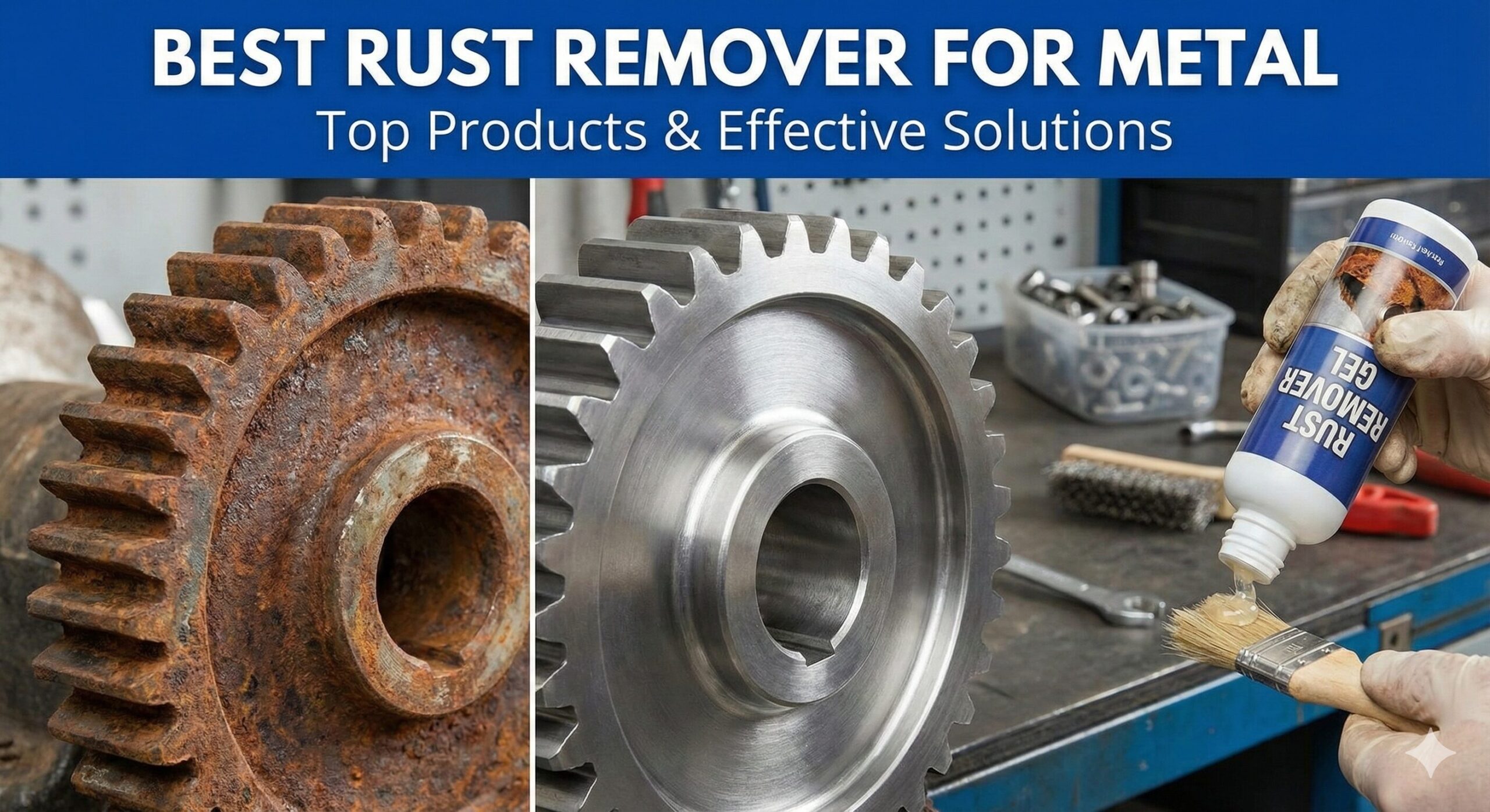 Assortment of rusty tools being cleaned with rust remover