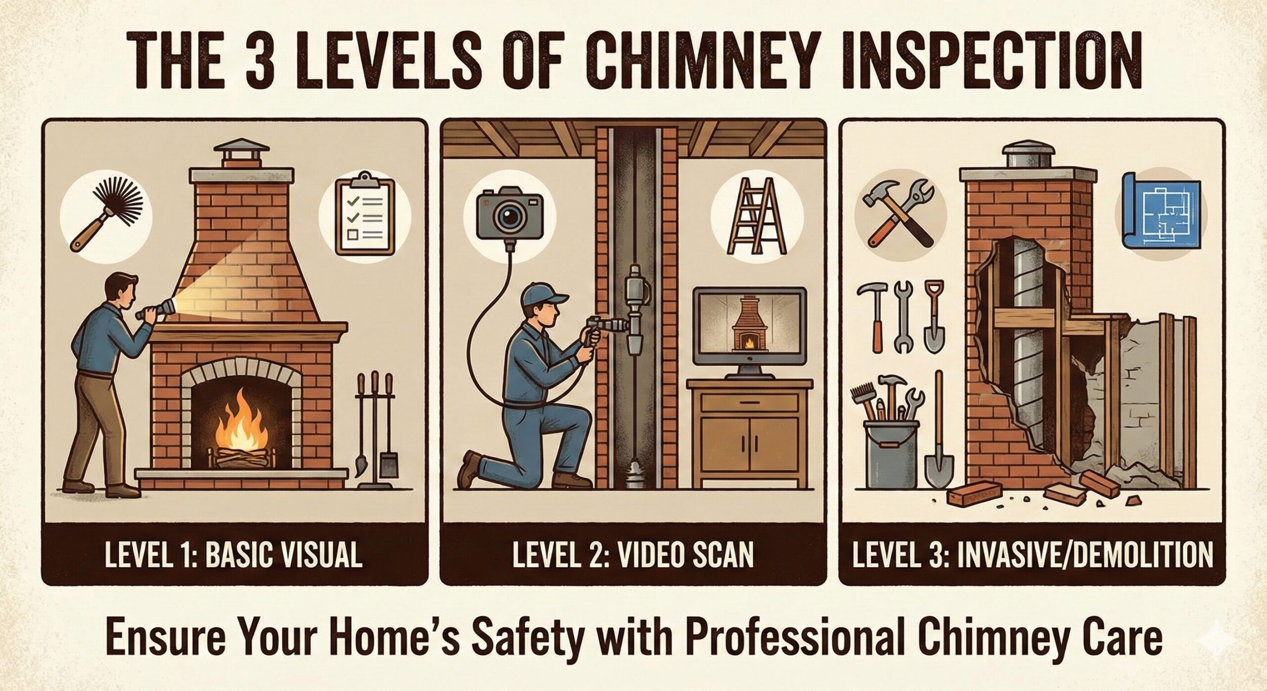 Chimney sweep performing a level 2 inspection with a camera