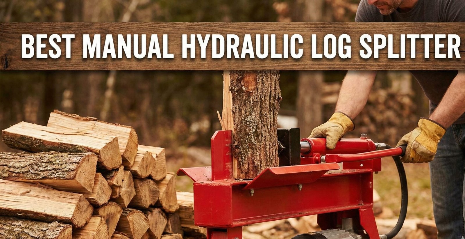 Man using a manual hydraulic log splitter in backyard