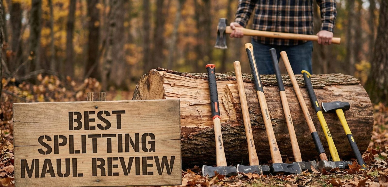 Lumberjack holding a heavy duty splitting maul in a forest