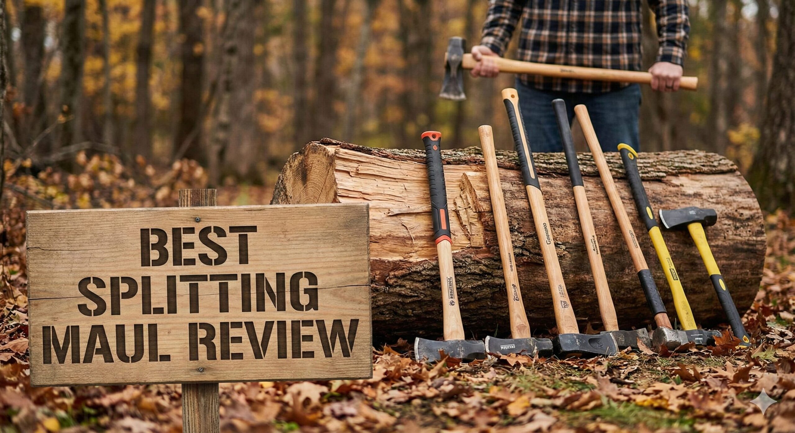 Lumberjack holding a heavy duty splitting maul in a forest