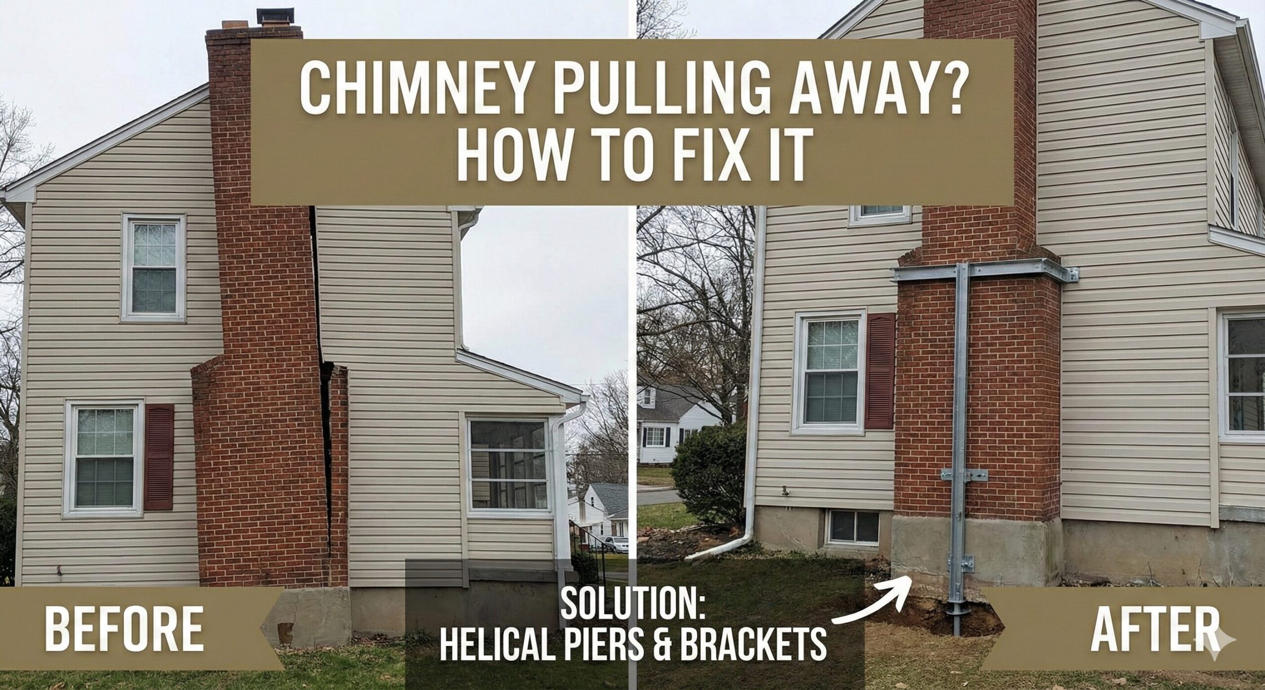 A chimney visibly pulling away from the side of a house, showing a gap.