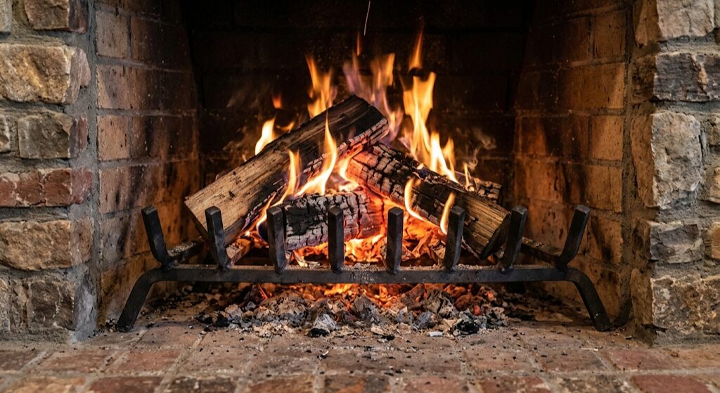 A robust steel fireplace grate holding burning firewood inside a masonry hearth