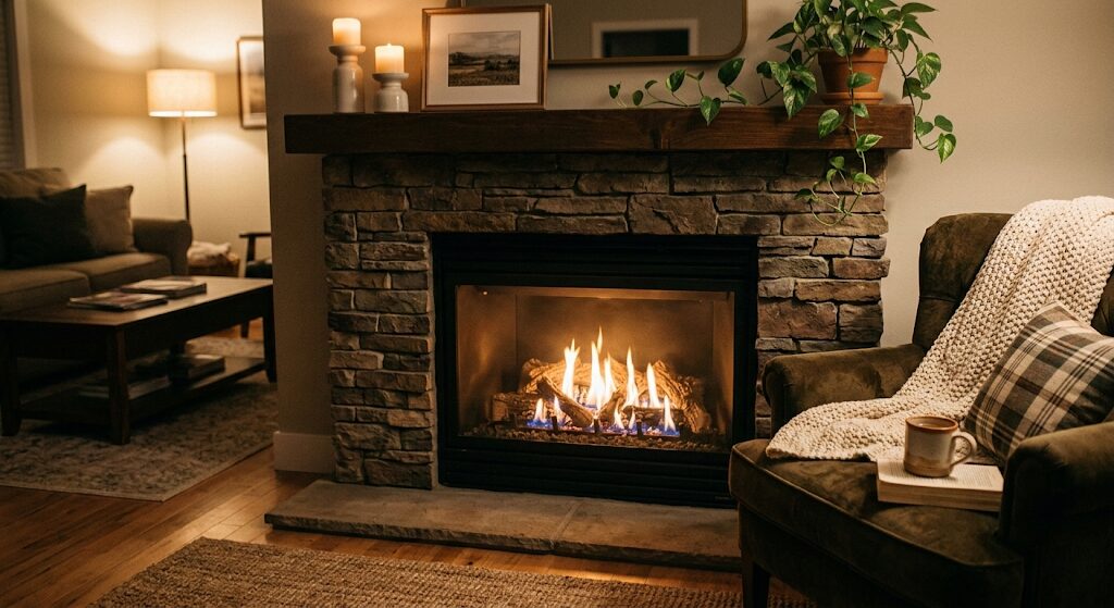 A warm, glowing gas fireplace burner in a cozy living room setting