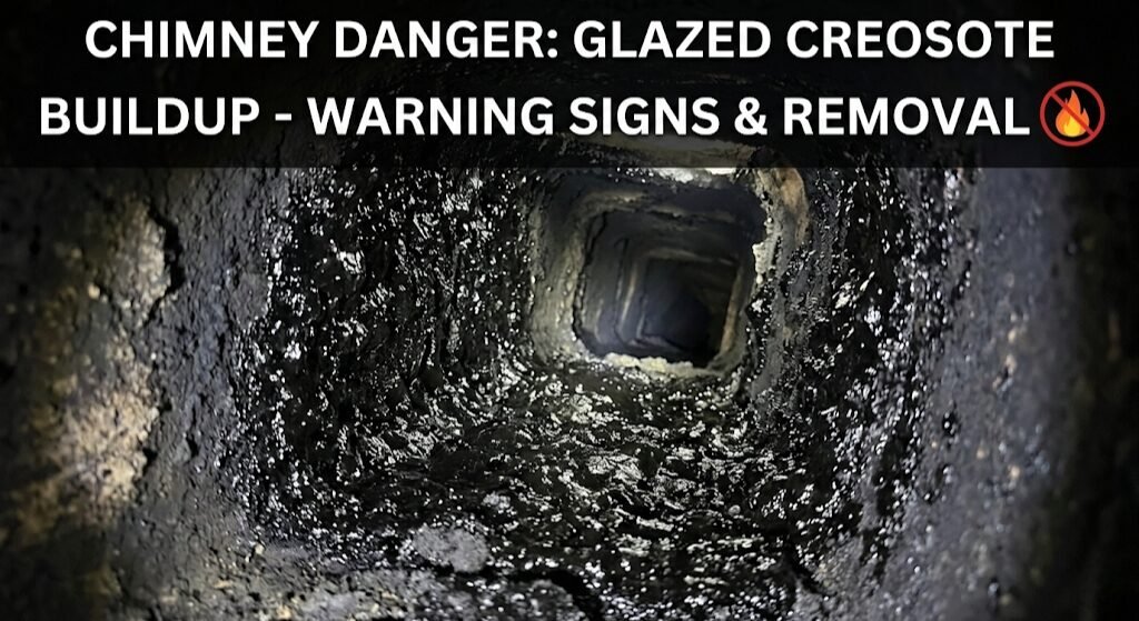 A dark, soot-filled chimney flue exhibiting thick, shiny, black glazed creosote buildup