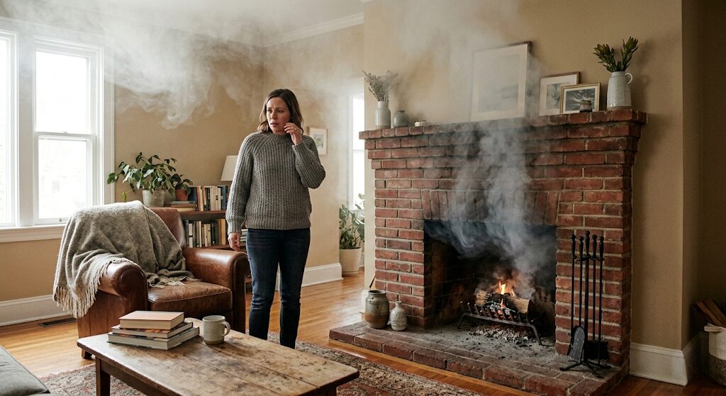 Smoke billowing from a traditional brick fireplace into a living room