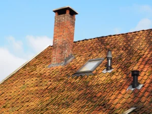 Brick chimney flue rising above a tiled roof