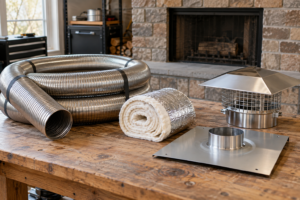 Chimney liner system with stainless flue, insulation, top plate, and cap