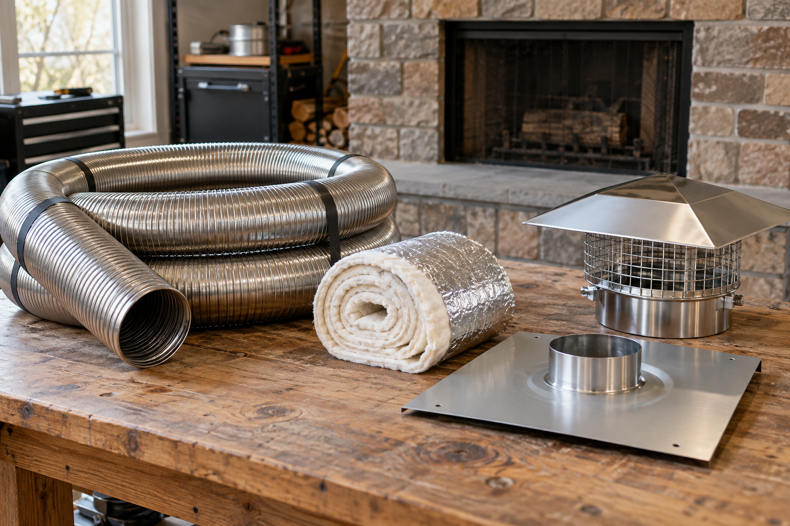 Chimney liner system with stainless flue, insulation, top plate, and cap