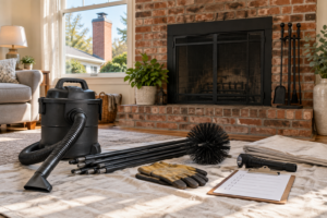 Chimney maintenance tools arranged beside a clean brick fireplace