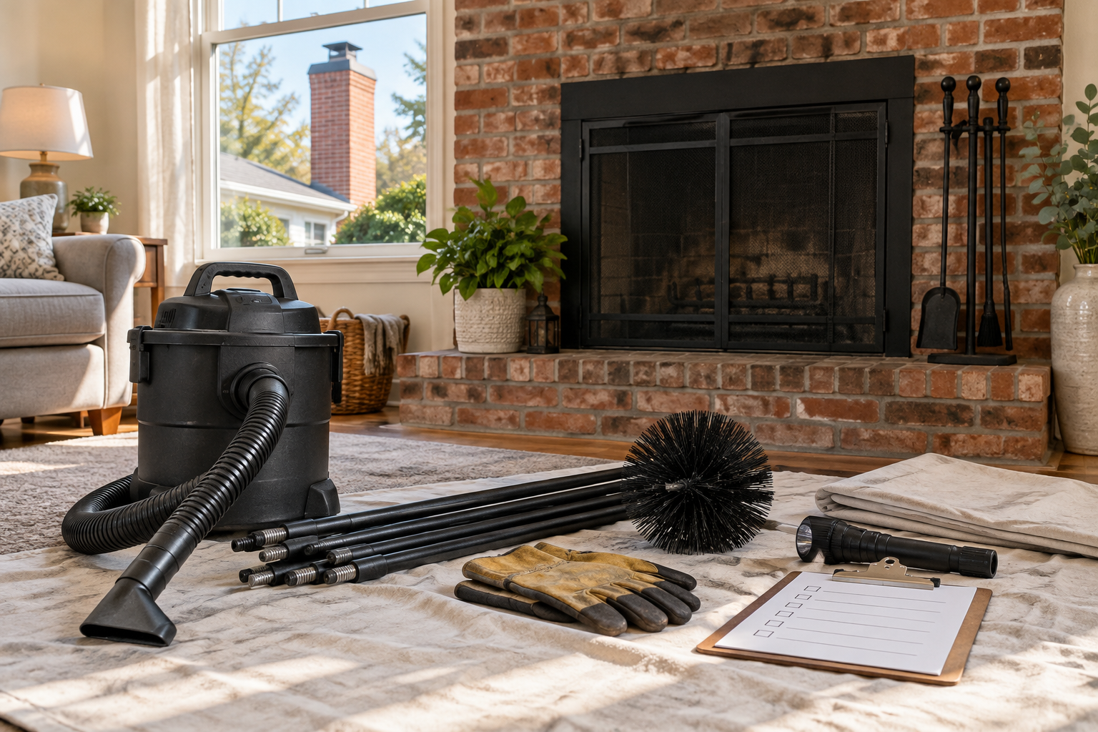 Chimney maintenance tools arranged beside a clean brick fireplace