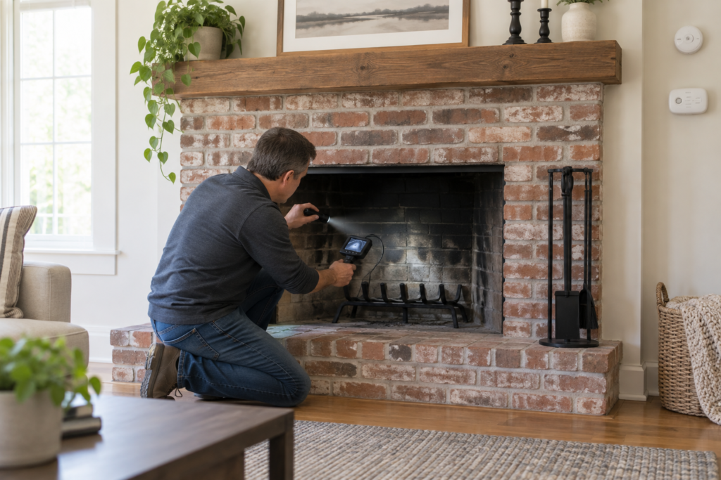 Fireplace inspection with a flashlight and camera in a cold brick firebox