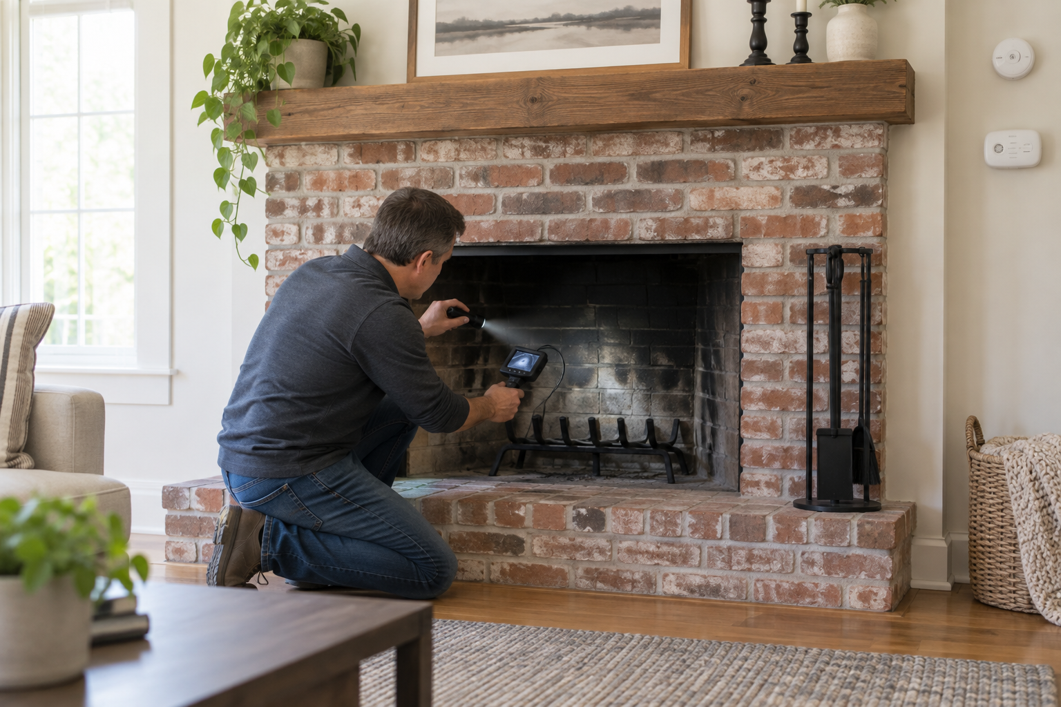 Fireplace inspection with a flashlight and camera in a cold brick firebox