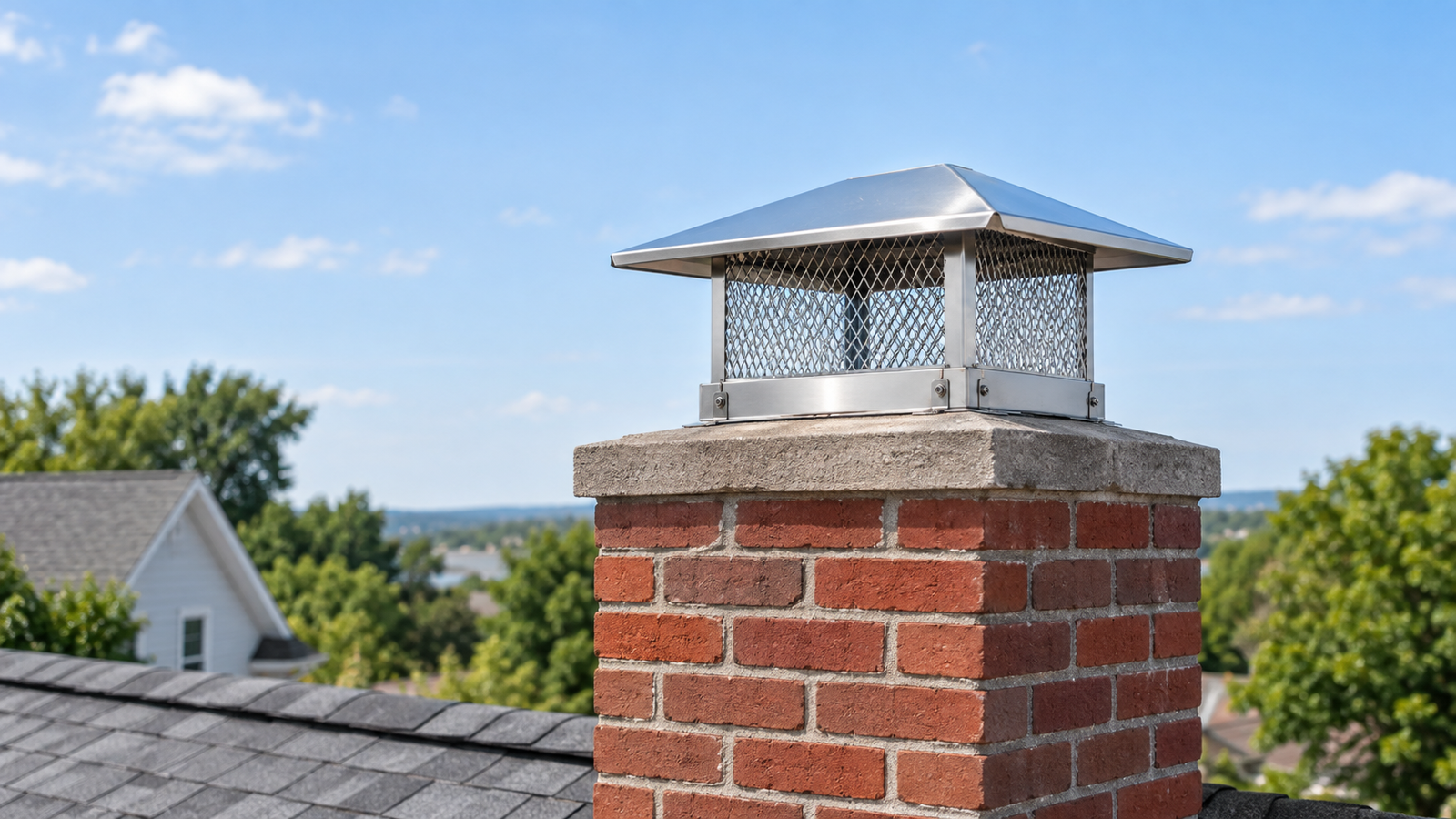 Stainless-steel chimney cap installed on a red-brick residential chimney