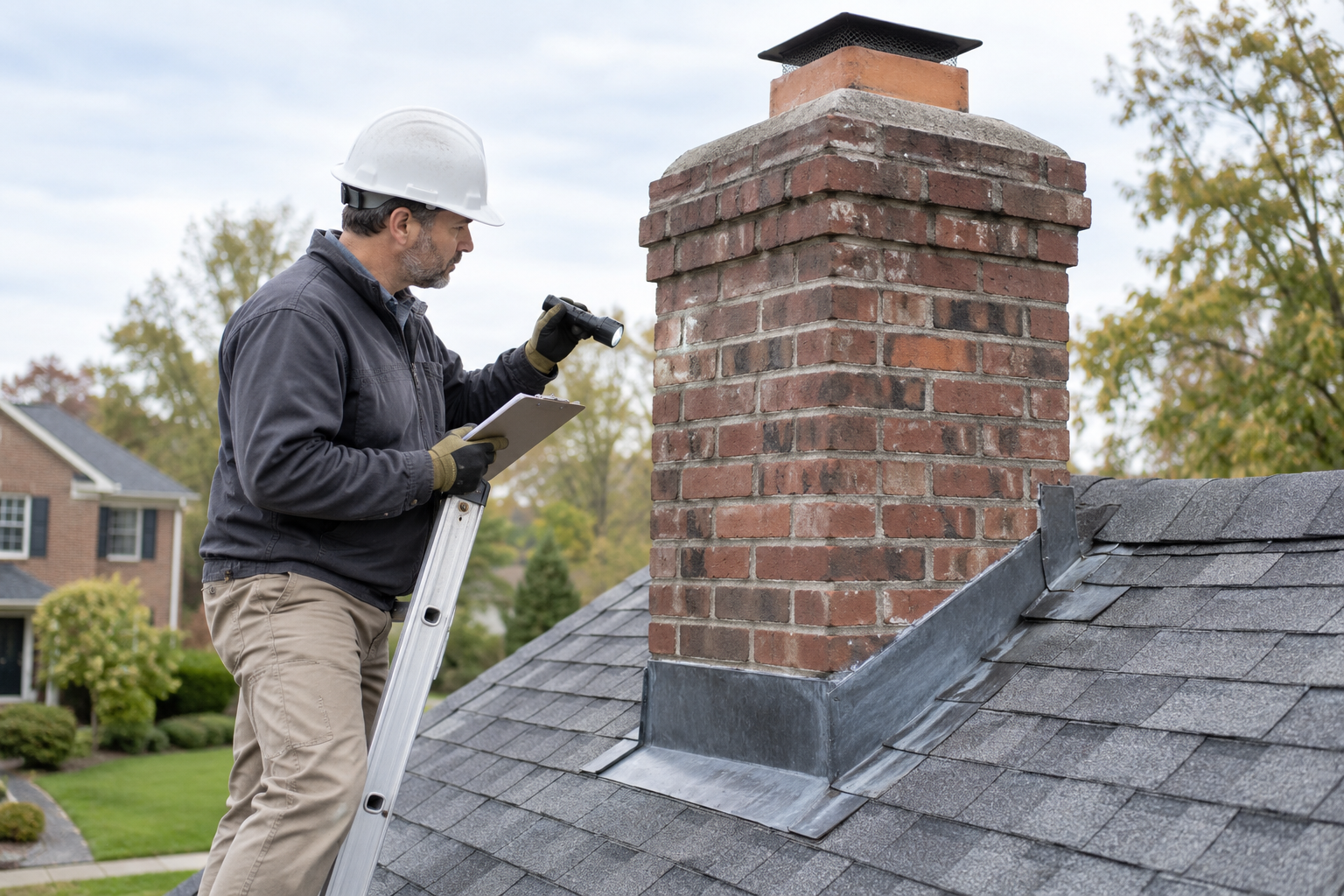Chimney repair services professional inspecting brick masonry and roof flashing on a US home