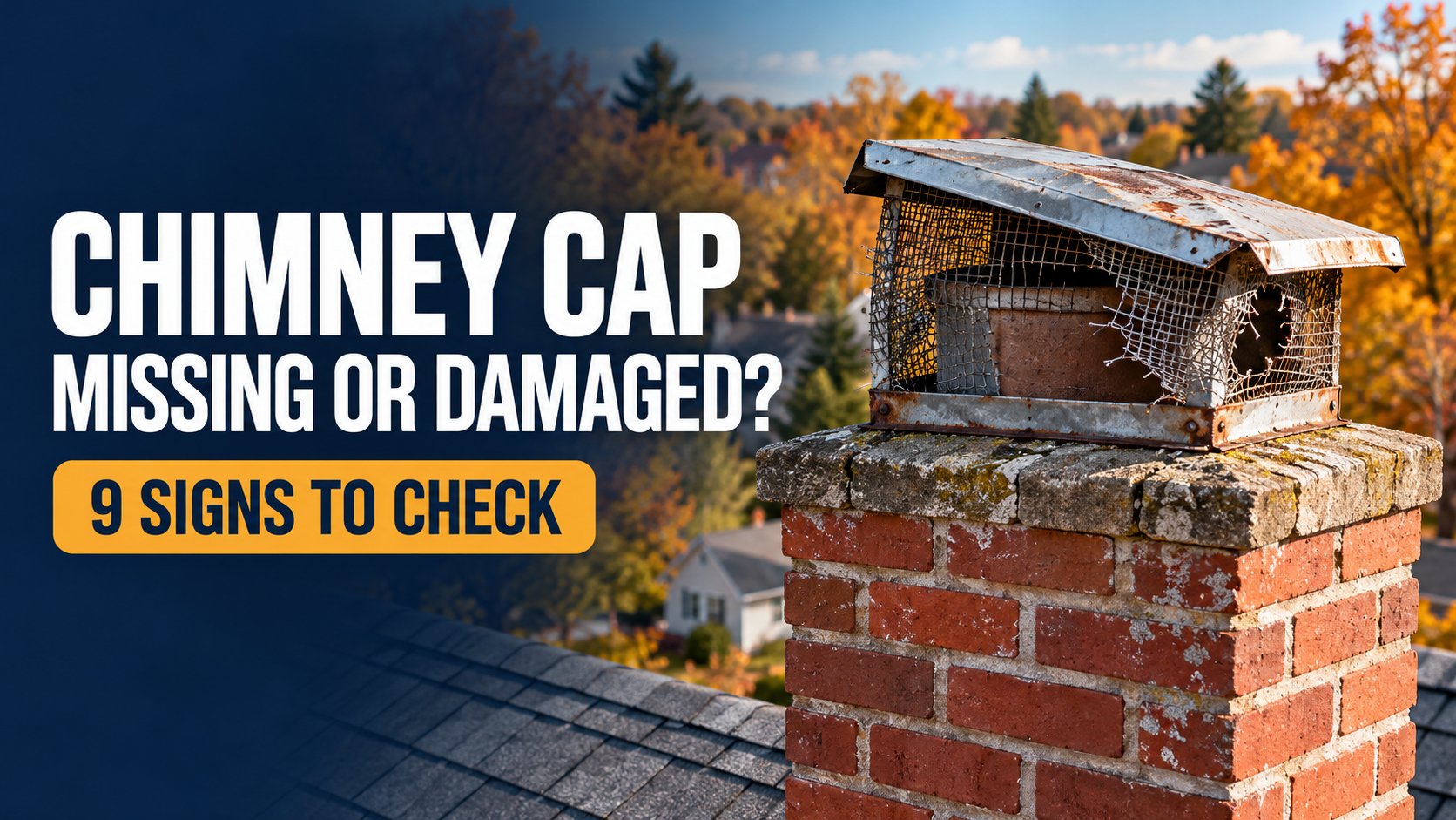 Generated editorial cover showing a damaged chimney cap with the title Chimney Cap Missing or Damaged? 9 Signs to Check
