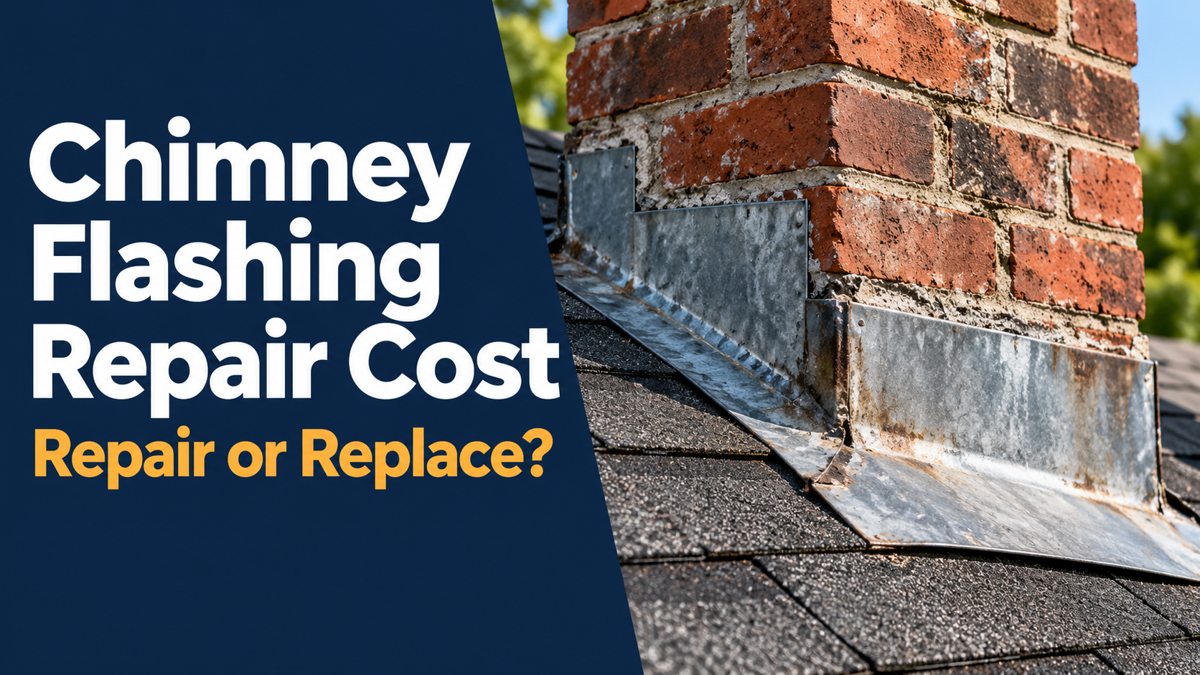 AI-generated editorial illustration of a brick chimney and metal flashing with the headline Chimney Flashing Repair Cost