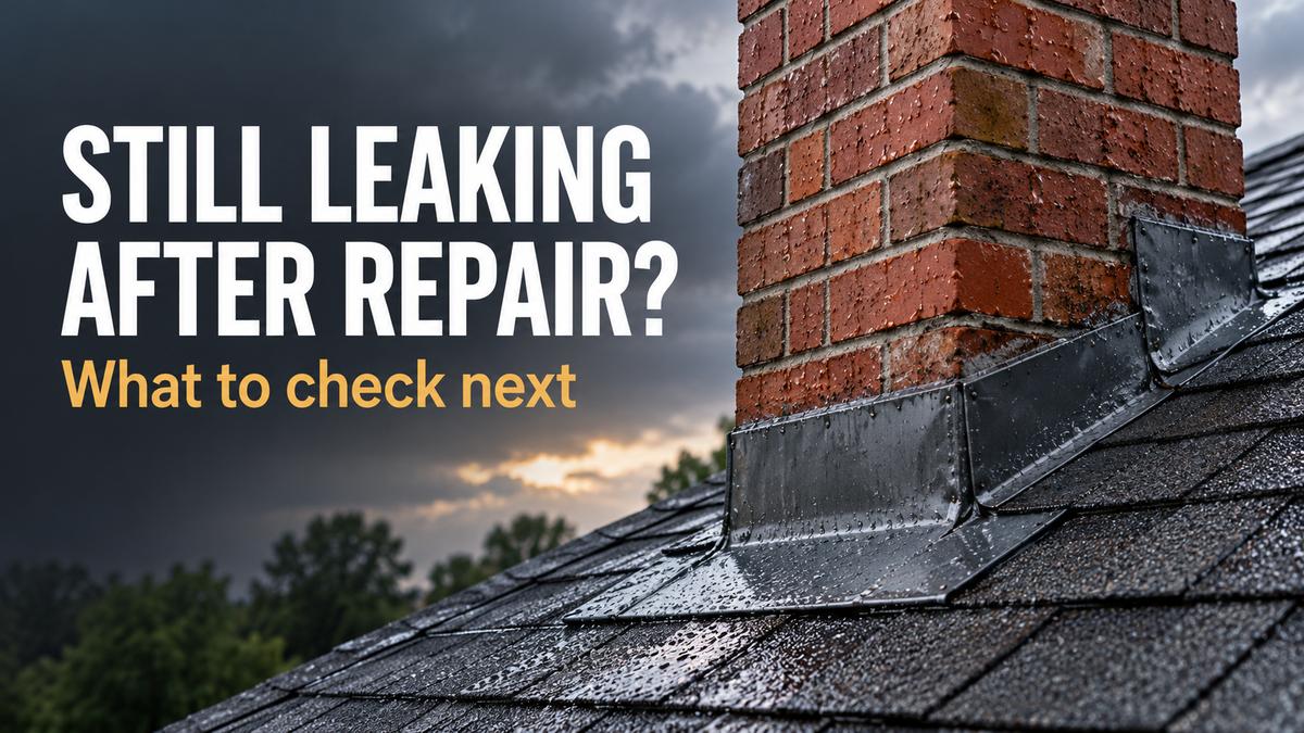 Generated editorial illustration of a rain-wet brick chimney and flashing with the headline Still Leaking After Repair?