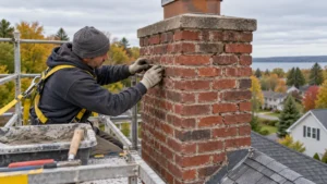 Mason repointing weathered mortar joints on a brick chimney from a secured scaffold