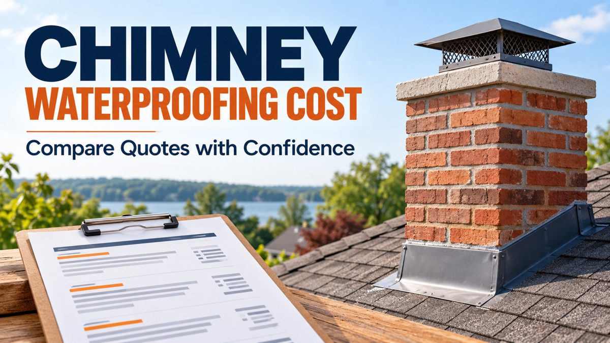 AI-generated editorial illustration of a brick chimney and quote clipboard with the headline Chimney Waterproofing Cost