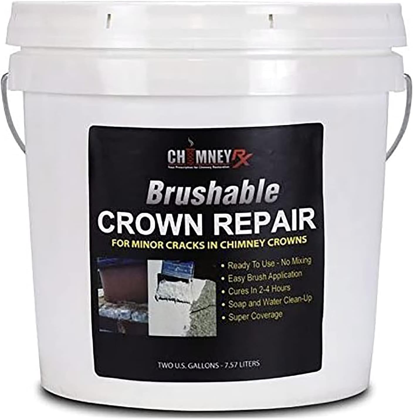 Two-gallon pail of ChimneyRx Brushable Crown Repair elastomeric coating