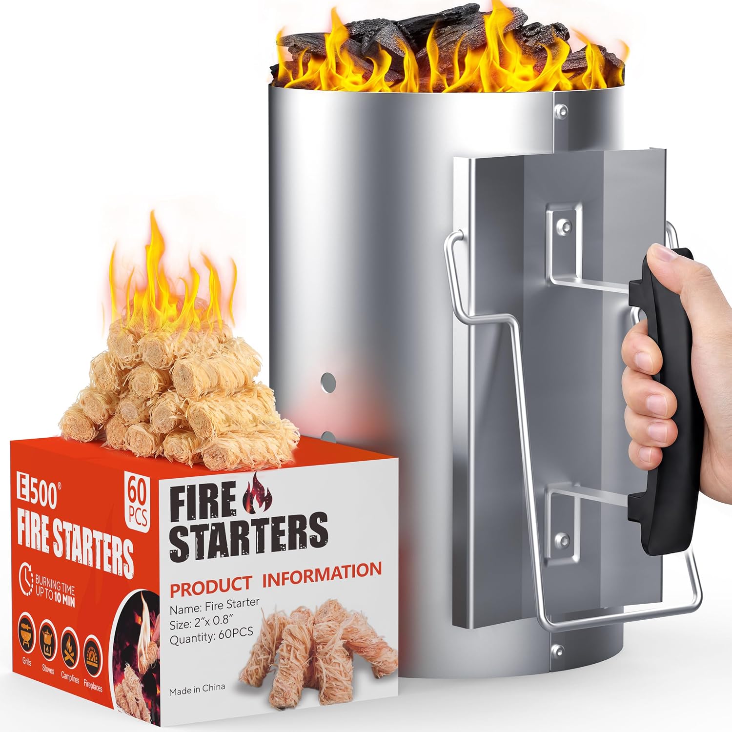 E500 large charcoal chimney starter kit with included fire starters