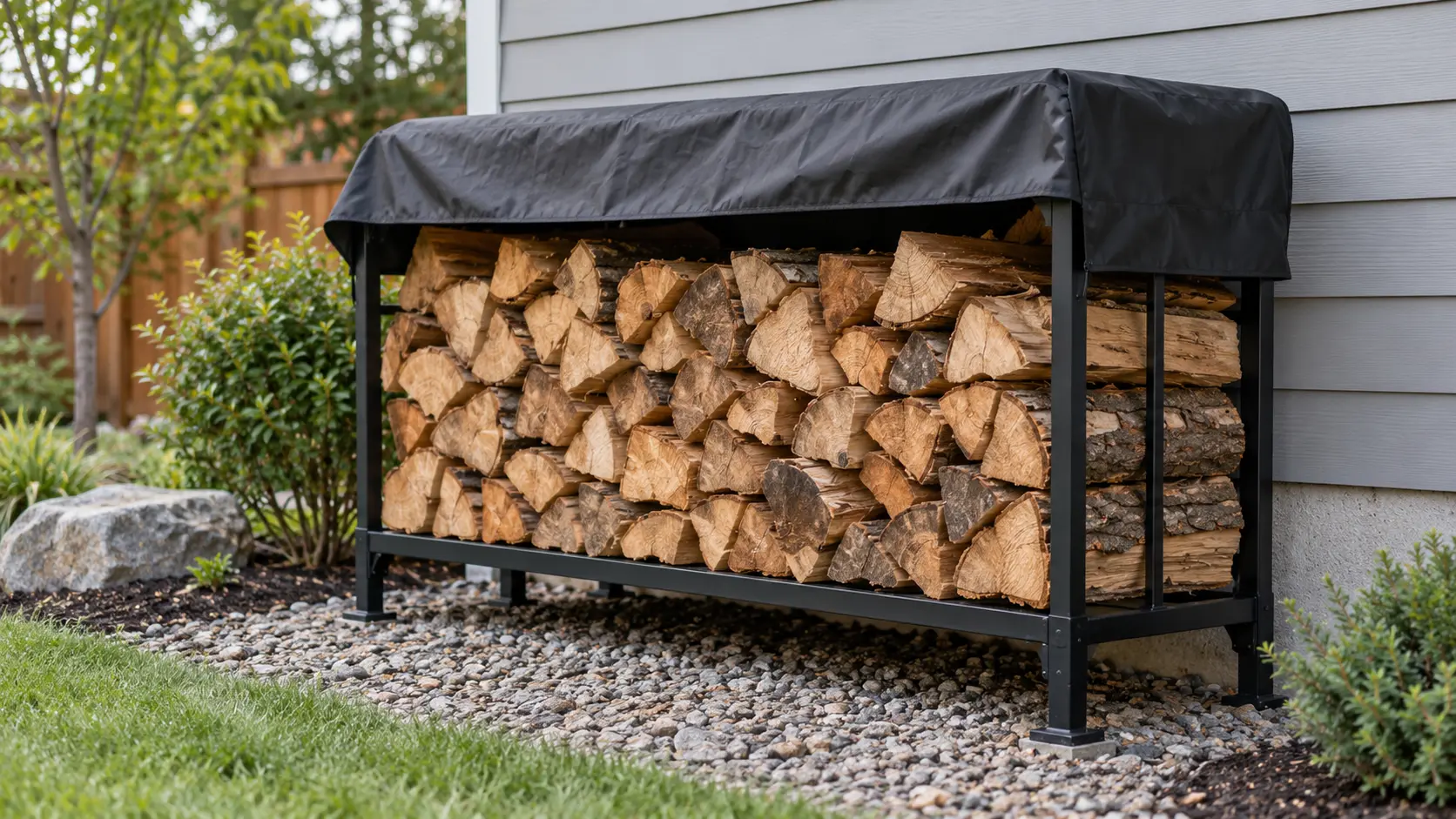 Covered outdoor firewood rack storing split logs off the ground