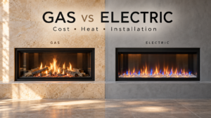 Illustrated side-by-side comparison of a glass-front gas fireplace with ceramic logs and an electric fireplace with crystal media.