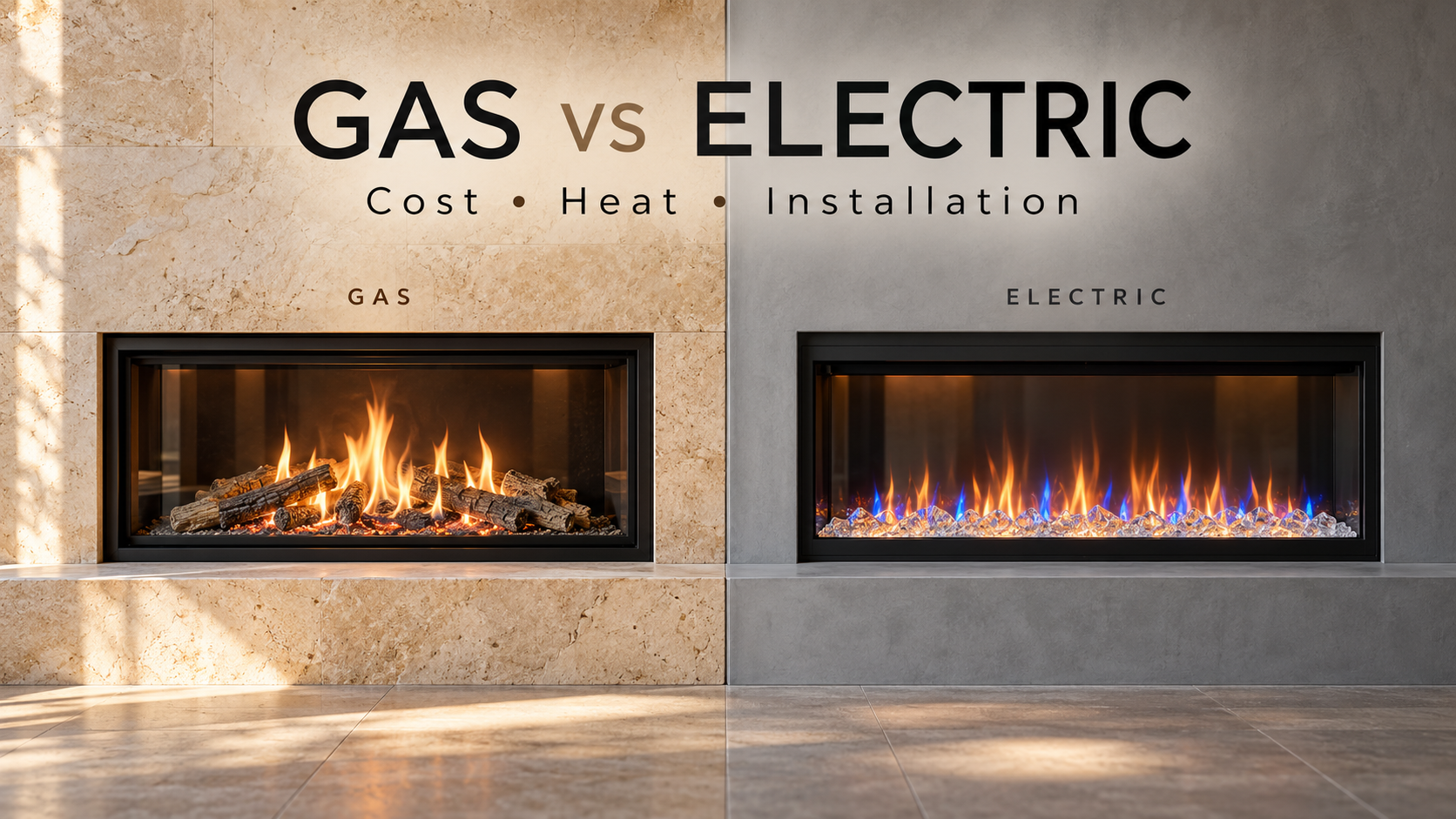 Illustrated side-by-side comparison of a glass-front gas fireplace with ceramic logs and an electric fireplace with crystal media.
