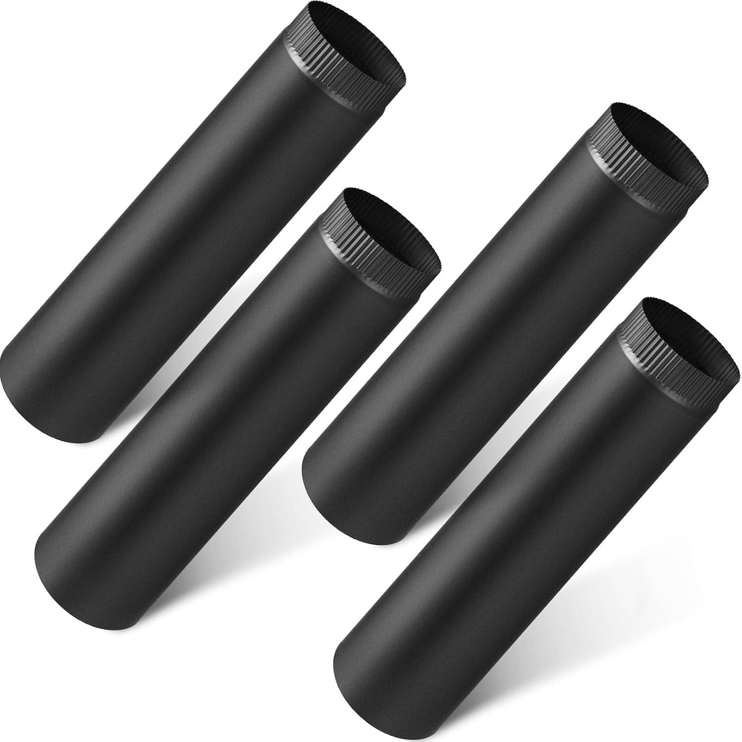 Four LEIFIDE black matte 6-inch by 24-inch stove pipe sections with crimped connector ends