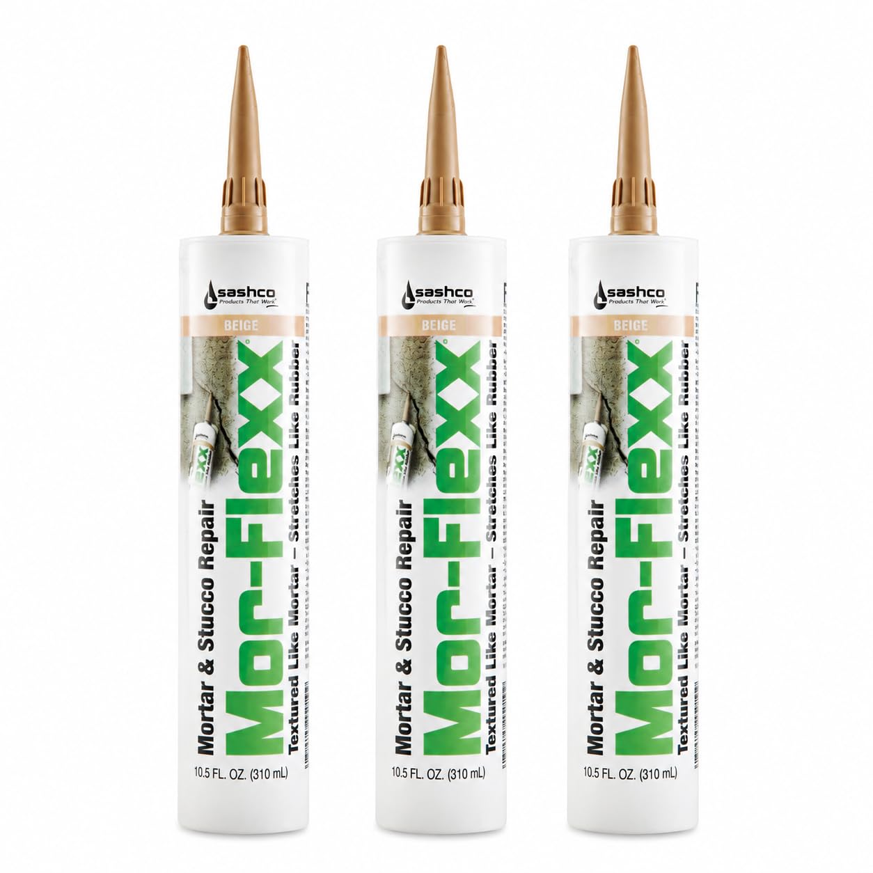 Three Sashco Mor-Flexx Beige 10.5 oz mortar and stucco repair cartridges