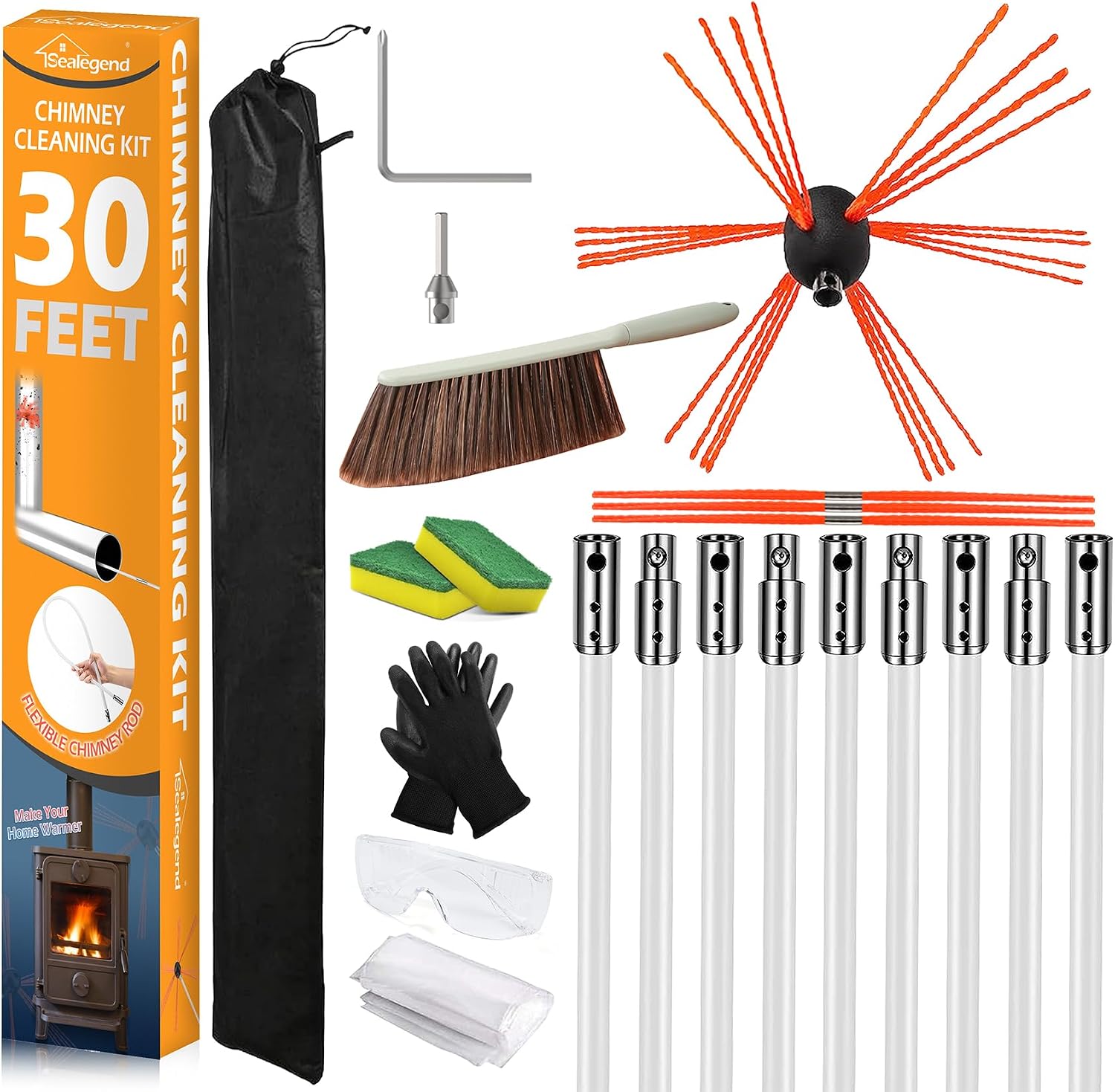 Sealegend 30FT chimney sweep kit with nine rods, brush head, drill adapter, gloves, goggles and accessories