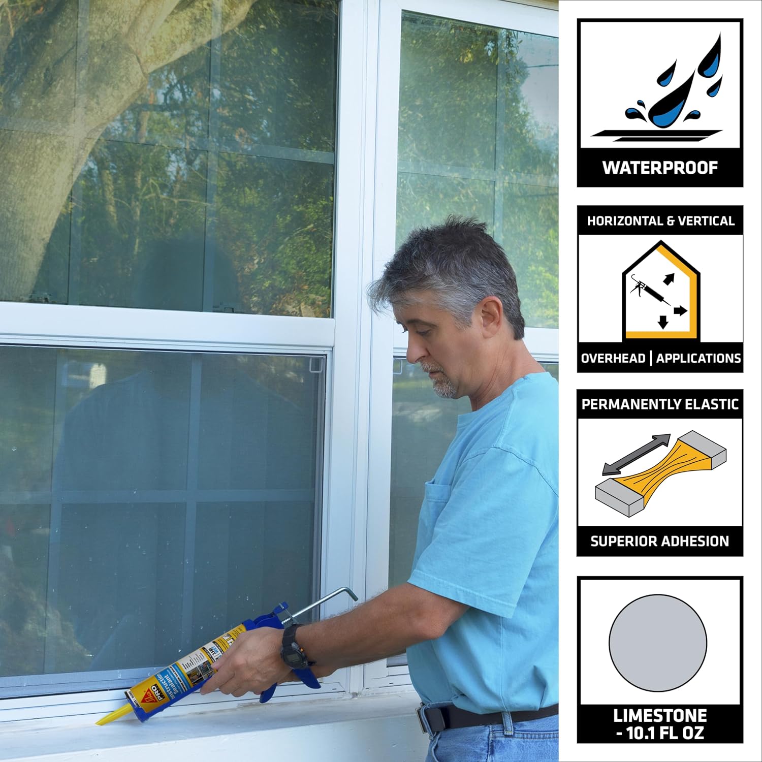 Sikaflex Construction Sealant Limestone 10.1 fl oz cartridge applied around a window