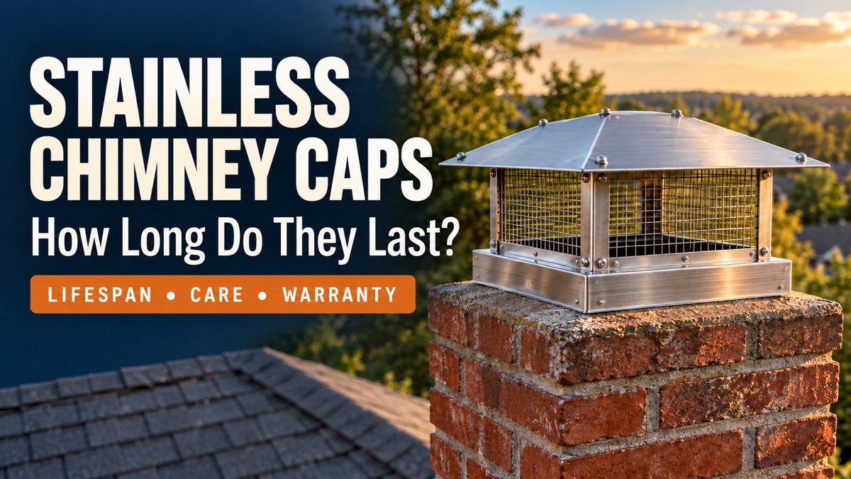 AI-generated editorial illustration of a stainless chimney cap with the headline How Long Do They Last?